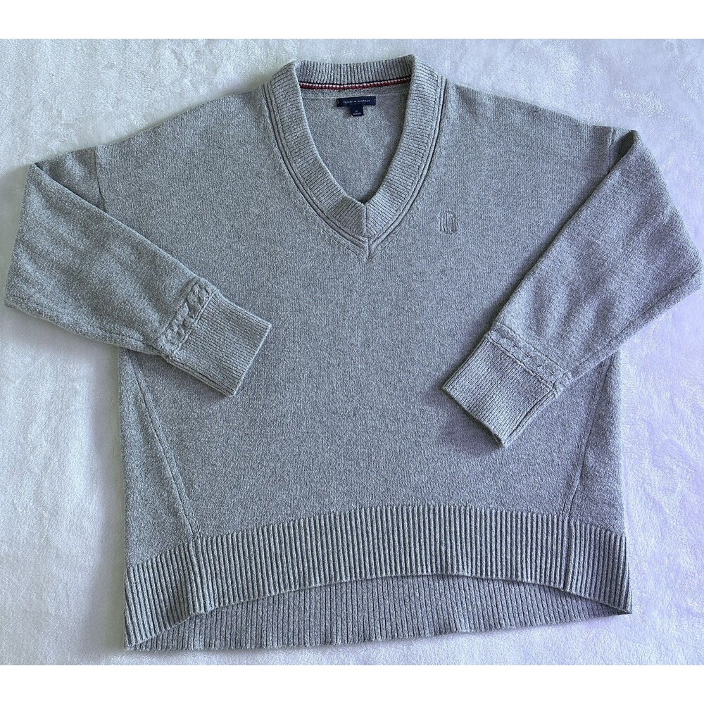 Tommy Hilfiger Womens V-Neck Pullover Sweater M Gray TH Monogram Knit 76J2944